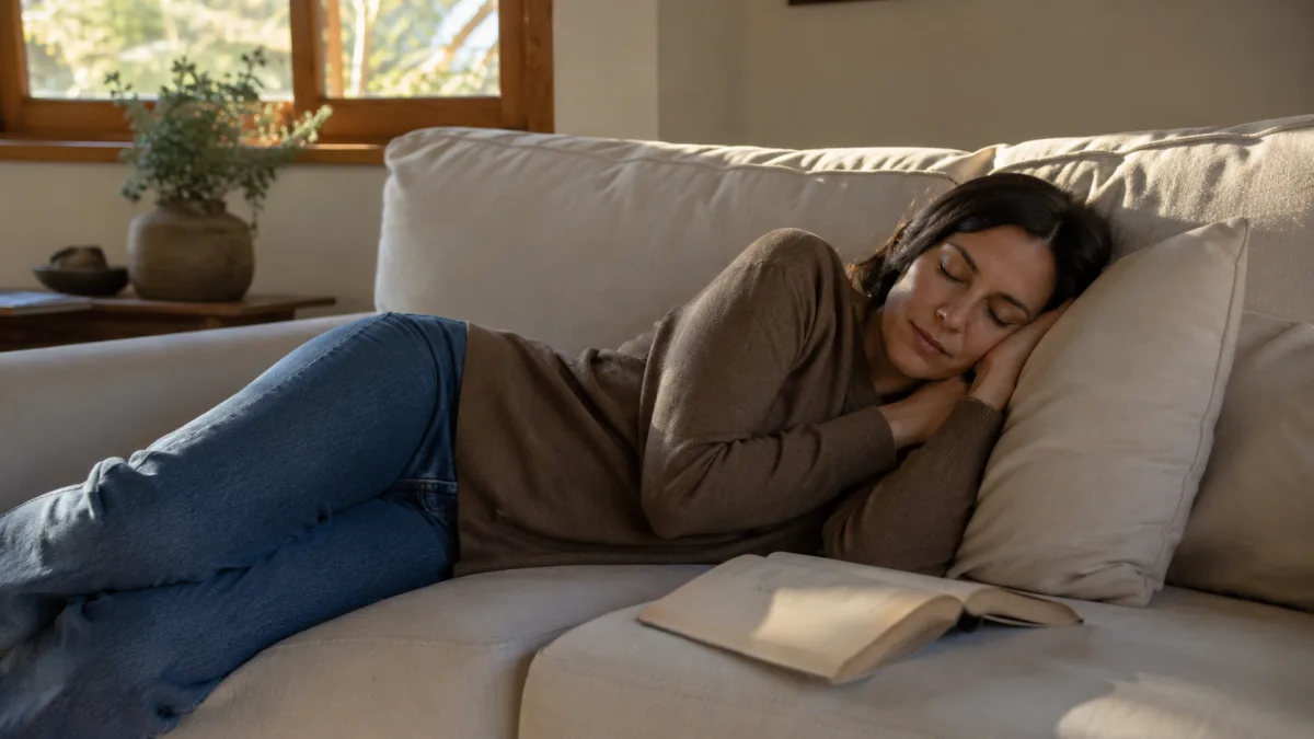 Woman resting on a sofa in afternoon light, illustrating first-trimester pregnancy fatigue