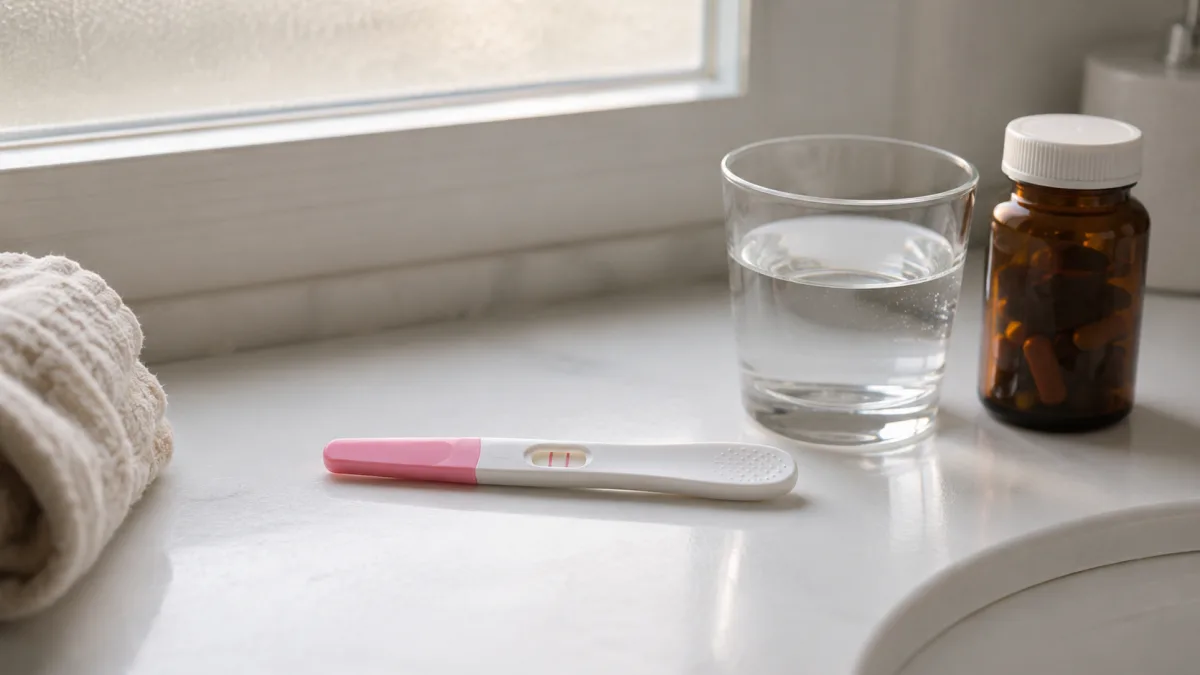 Home pregnancy test beside a glass of water and a prenatal vitamin bottle on a bathroom counter