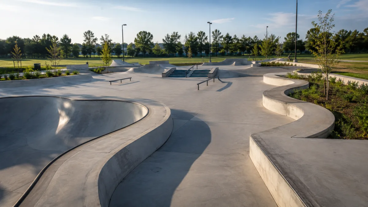 Concrete skate park with bowl and street plaza