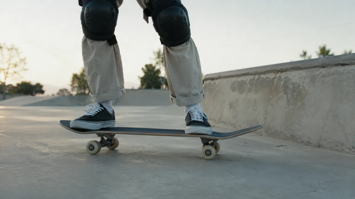 Beginner skateboarder practicing on flat ground