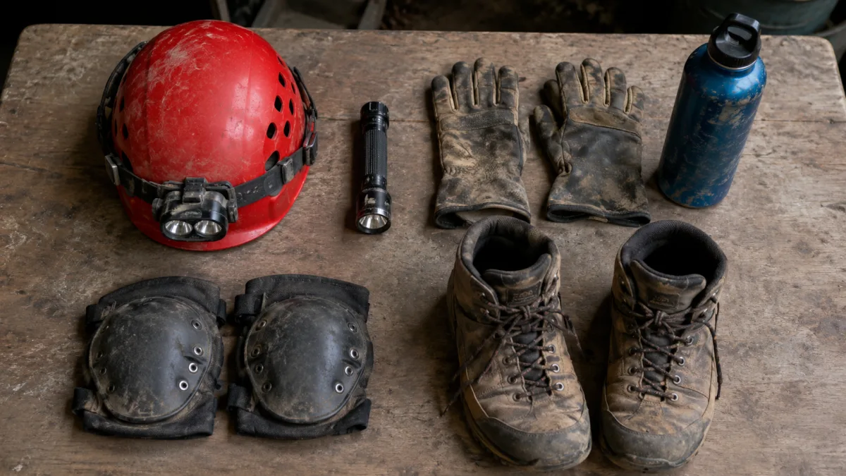 Caving helmet lights gloves and sturdy boots