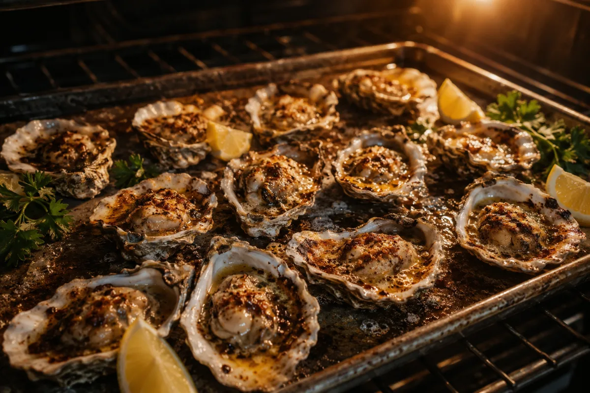 Spicy oysters bubbling under a broiler