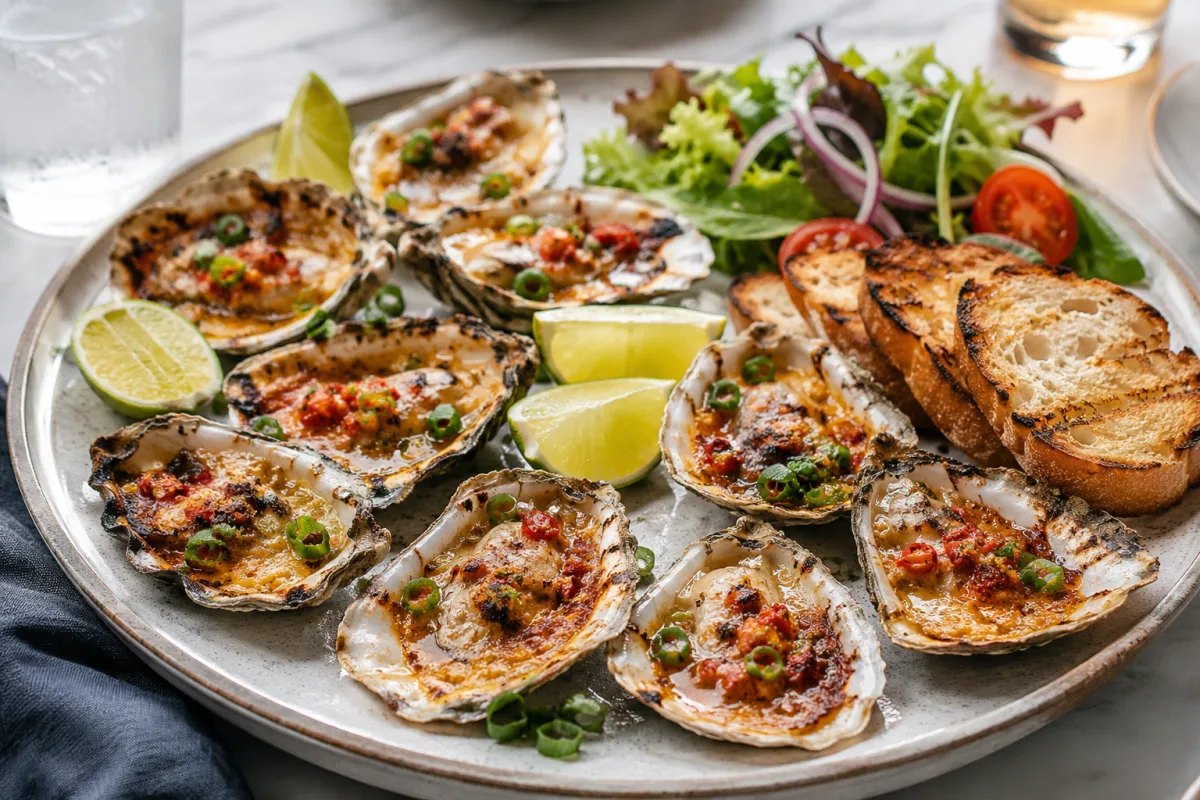 Platter of cooked spicy oysters with citrus and herbs