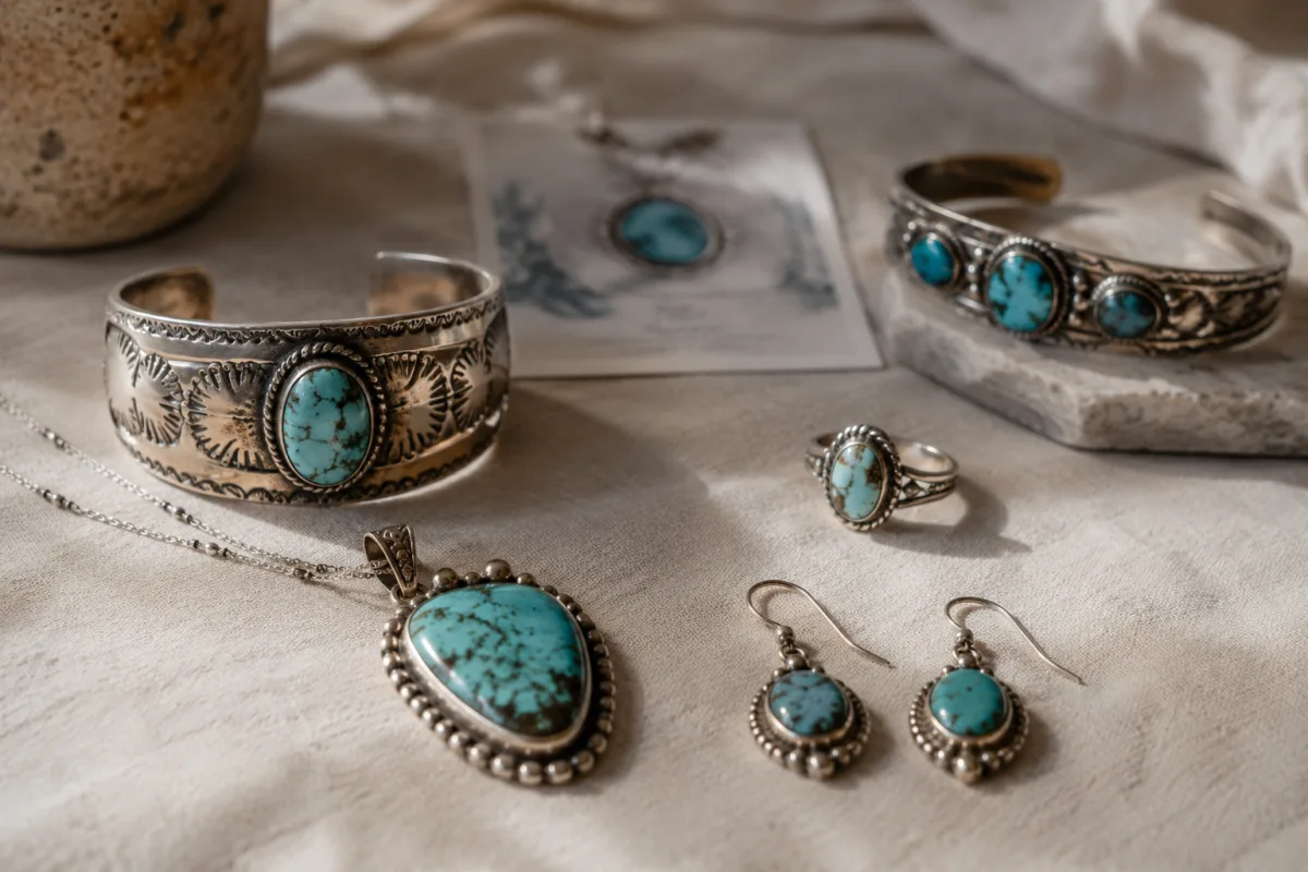 Turquoise and silver jewelry displayed with artist card