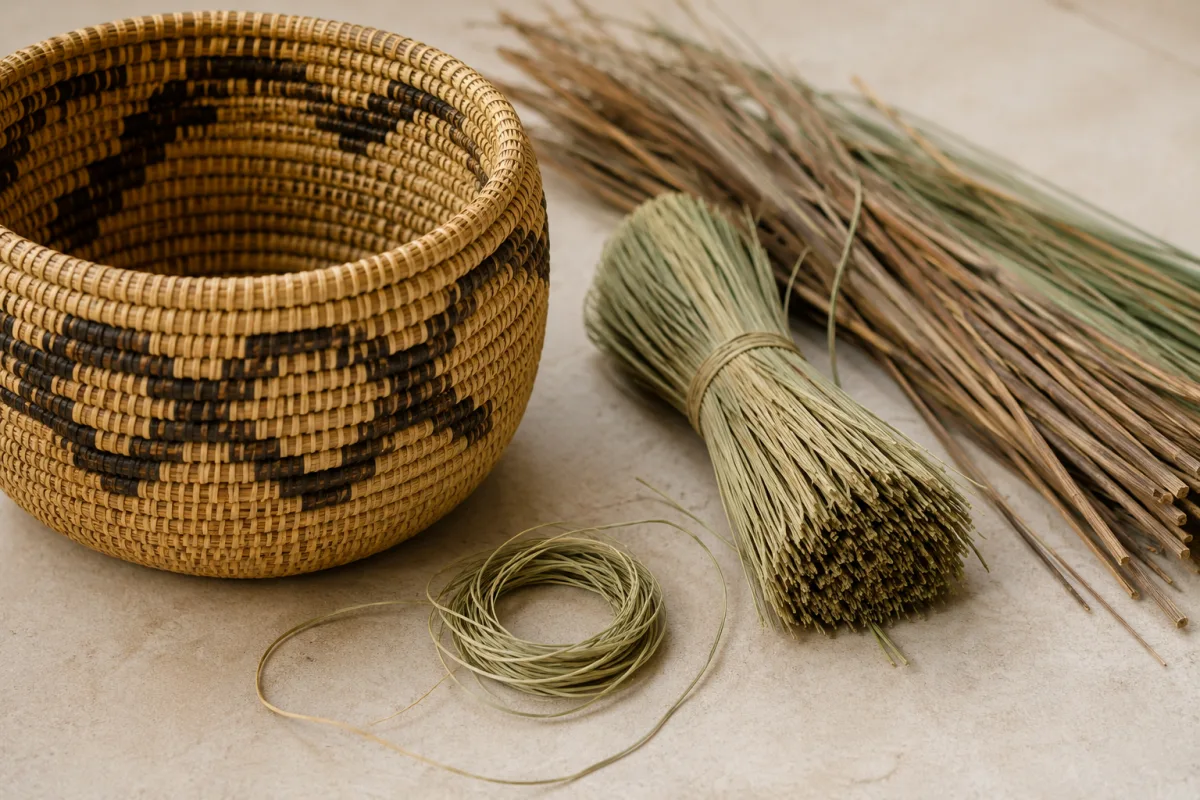 Southwestern basketry materials and coiled basket detail