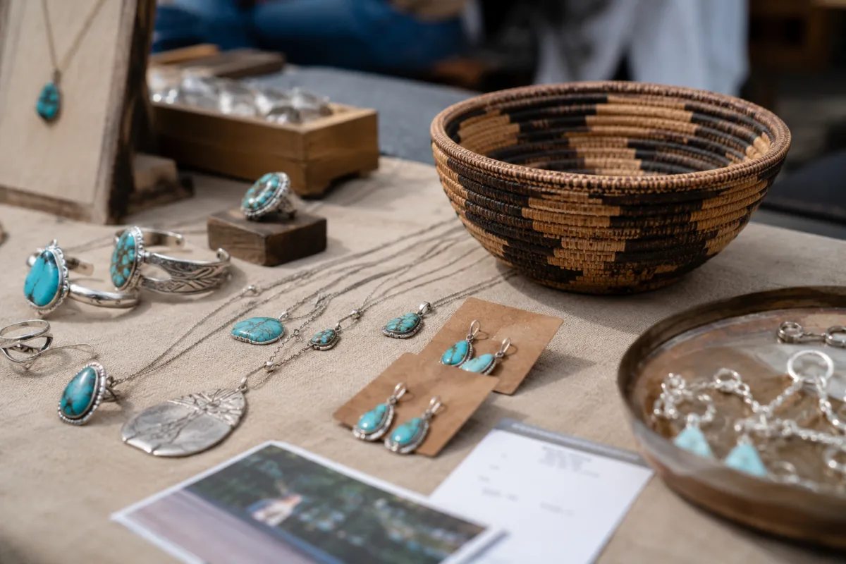 Native art market table with receipt and artist information