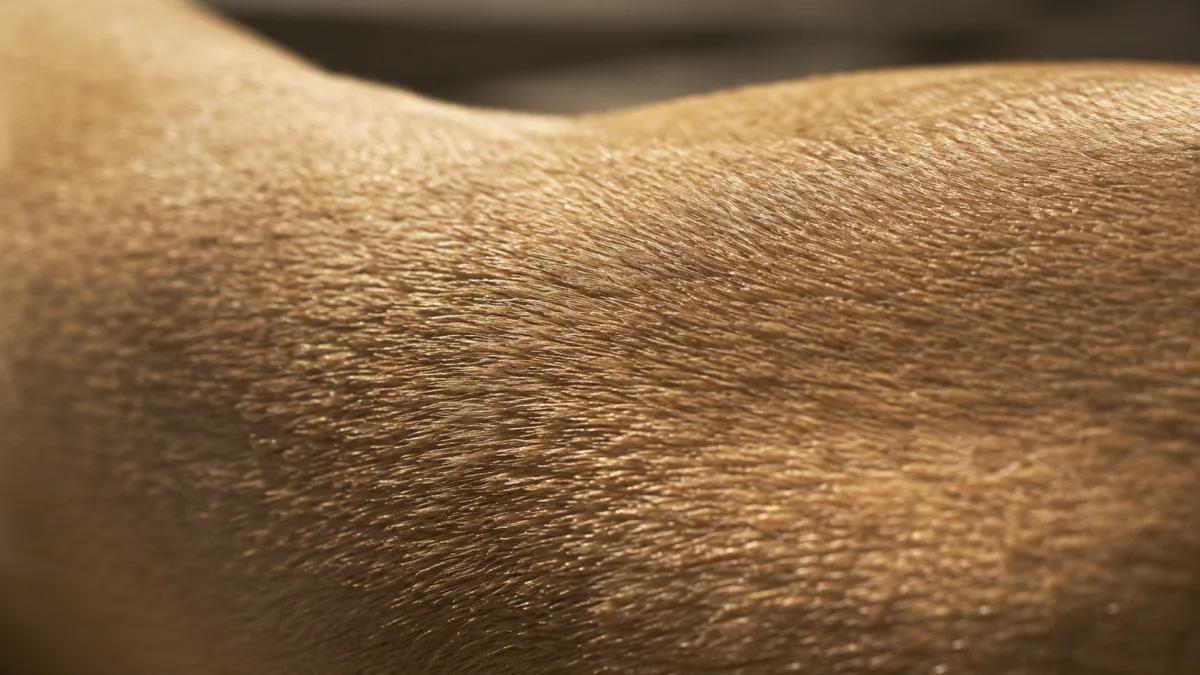 Close-up of a Staffordshire Bull Terrier's short coat and skin texture in natural daylight