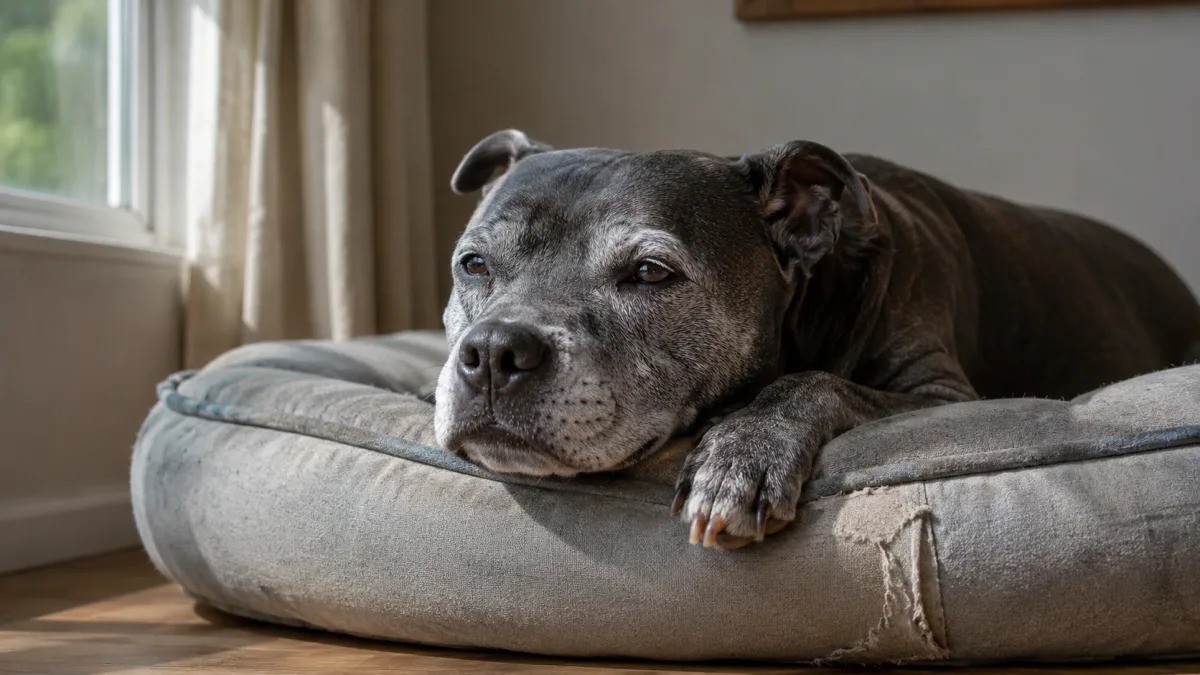 Senior Staffordshire Bull Terrier resting calmly on a dog bed in soft indoor light