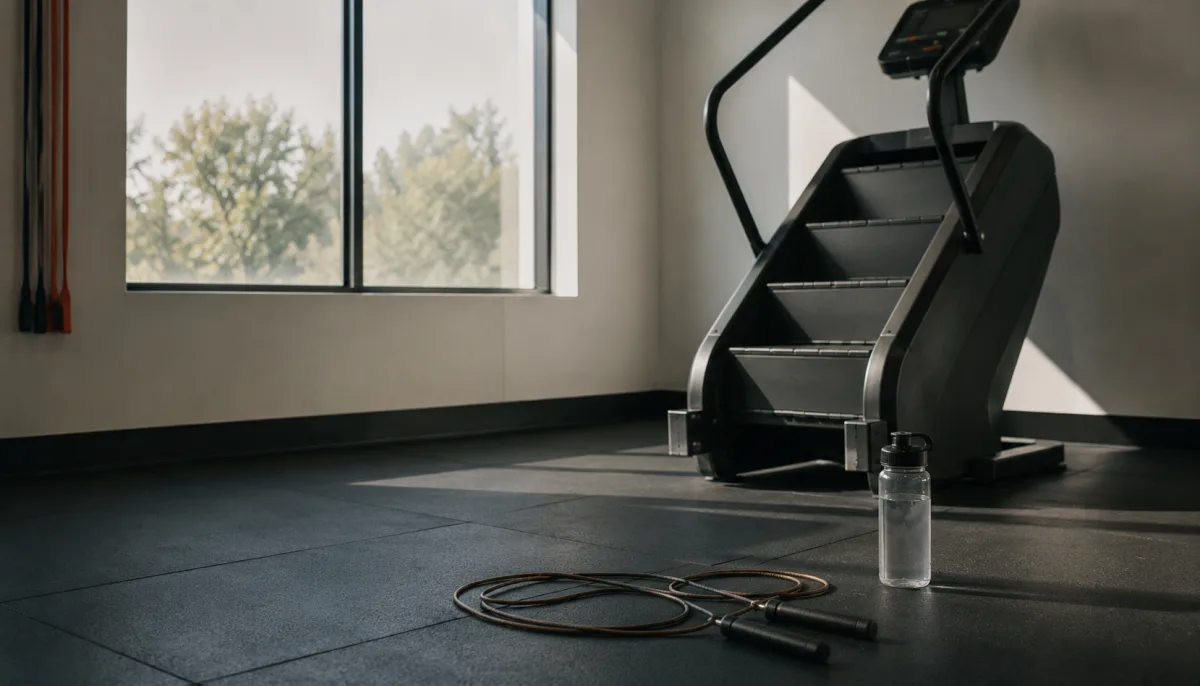 Gym cardio area with stair climber and jump rope ready for comparison