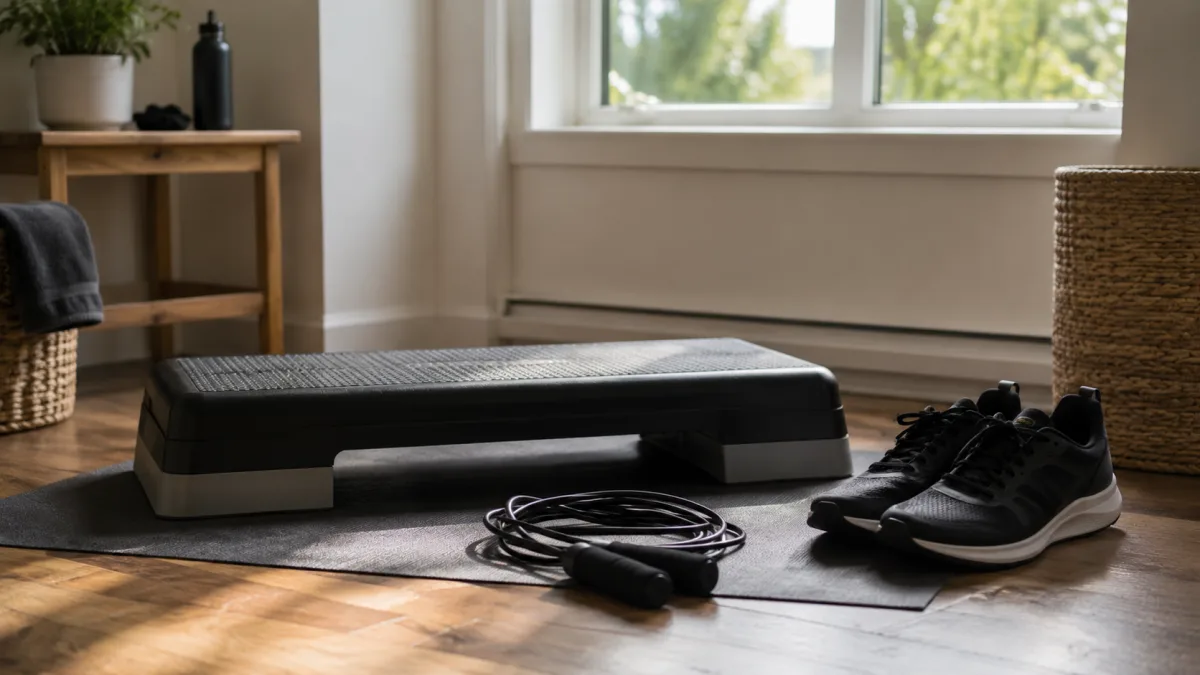 Compact home workout setup for jump rope and stair training