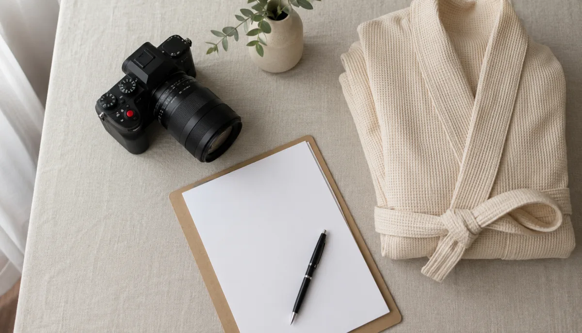 Portrait session planning table with release form and camera