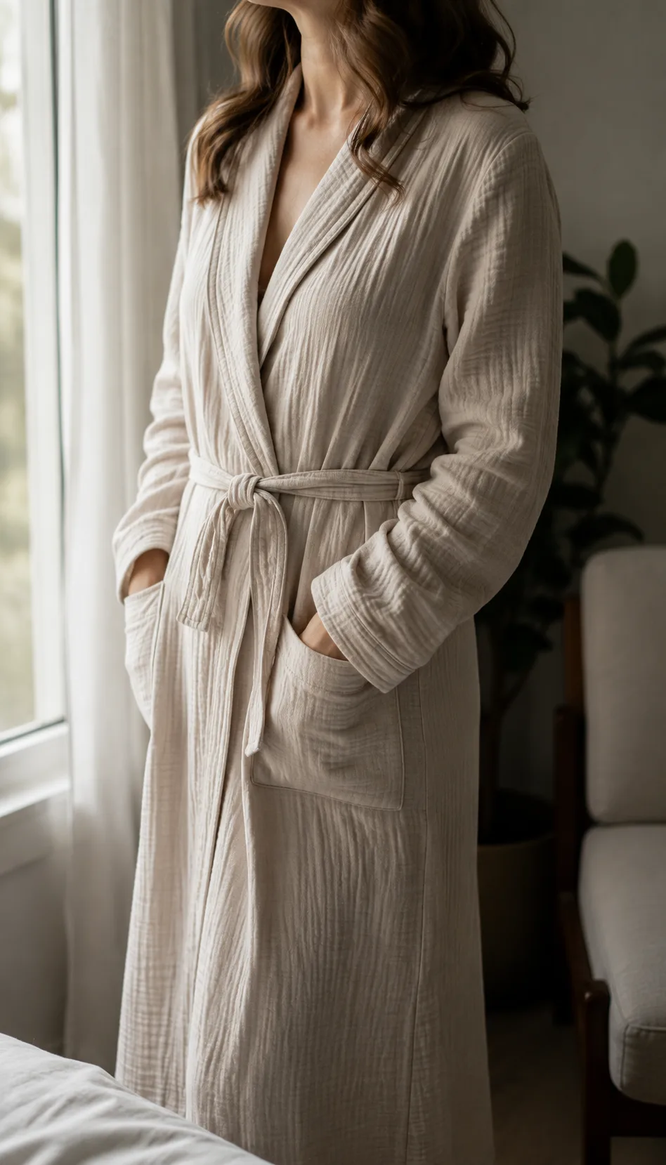 Person posing near window light with face out of frame