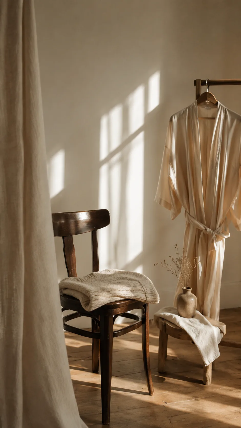Simple portrait wardrobe, chair, and soft fabric props