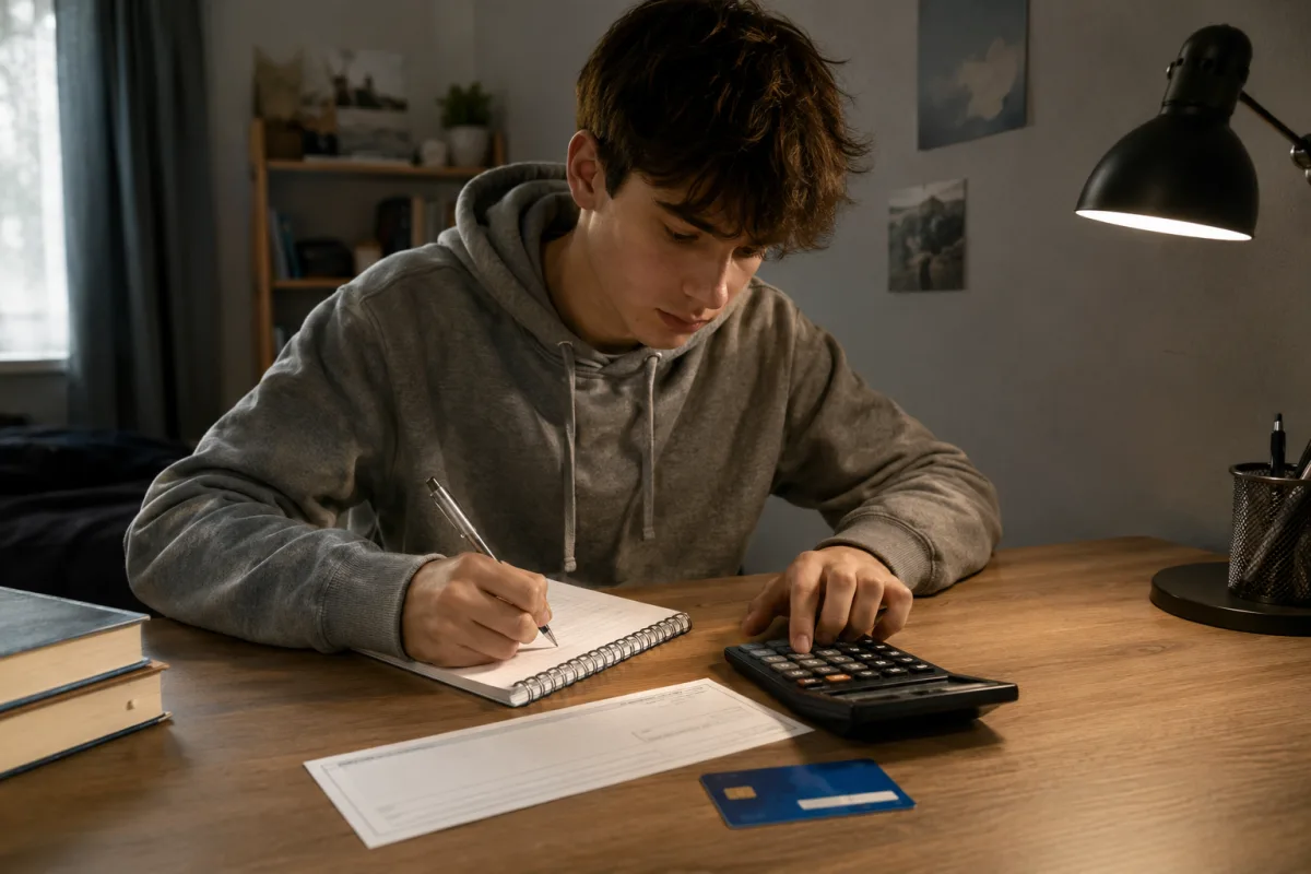 Teen reviewing first paycheck and budget notebook