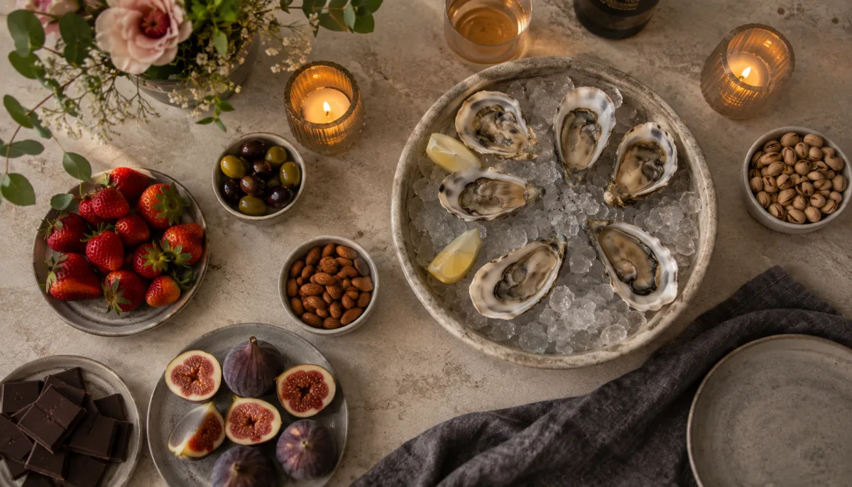 Date-night plate with oysters, strawberries, and dark chocolate