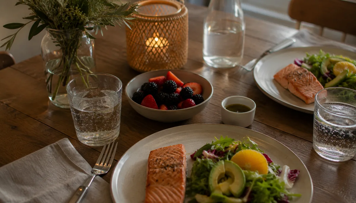 Small romantic dinner menu with salmon, avocado salad, and fruit