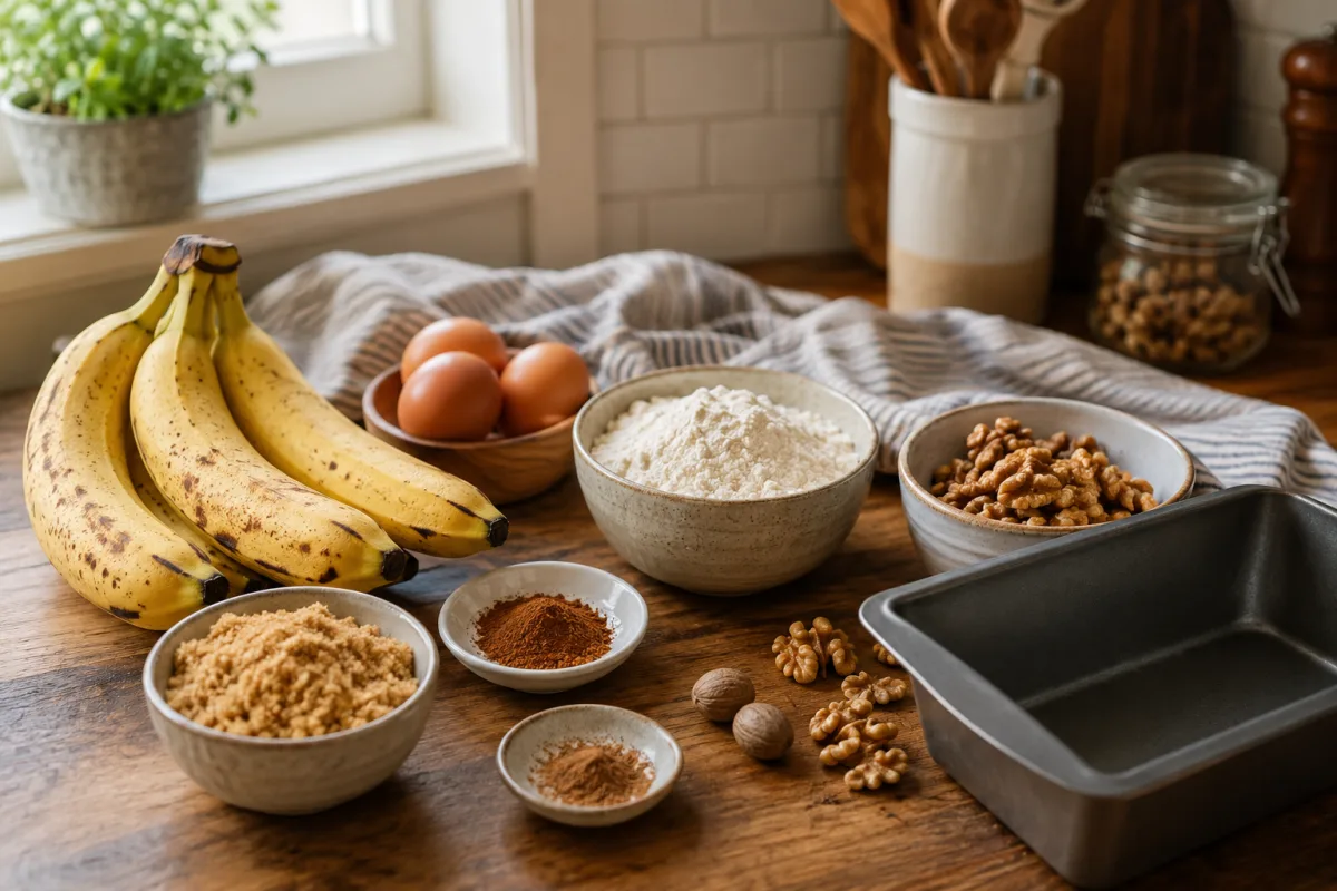 Ripe bananas, brown sugar, spices, and walnuts for holiday banana bread