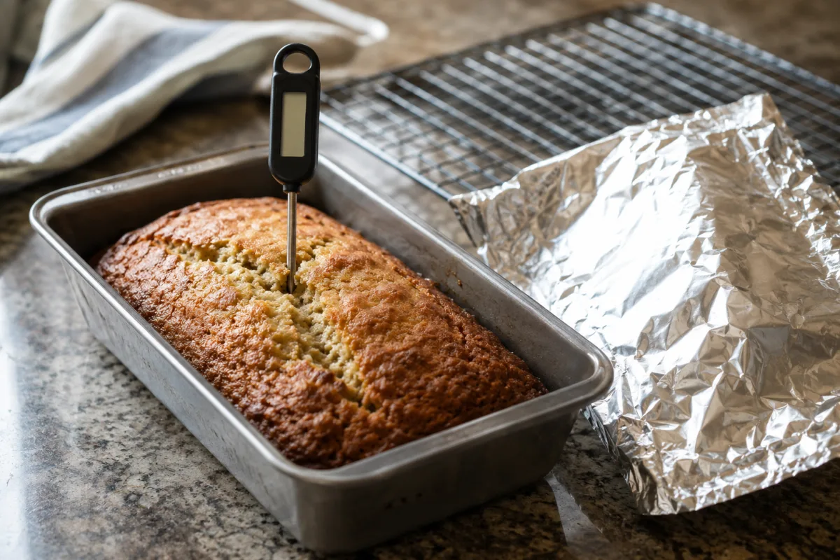 Thermometer checking the center of a golden banana bread loaf