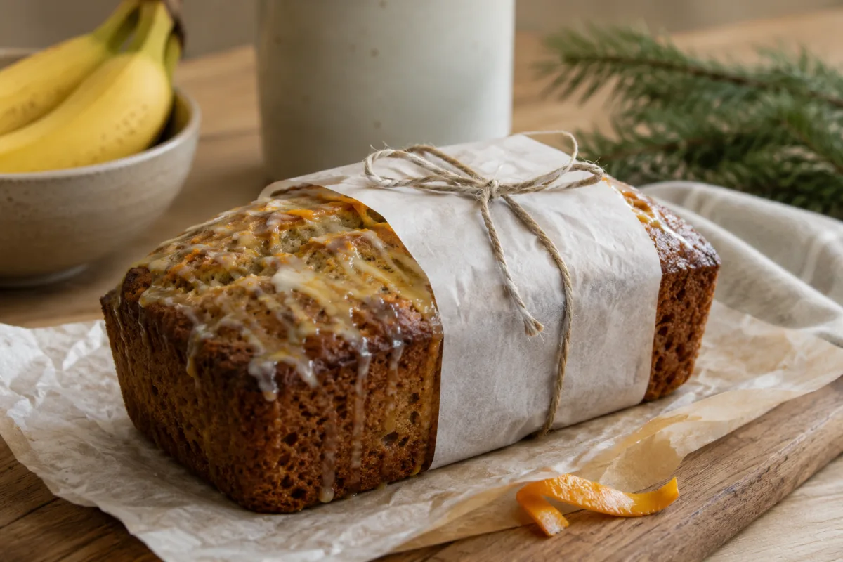 Holiday banana bread wrapped in parchment with orange glaze on top