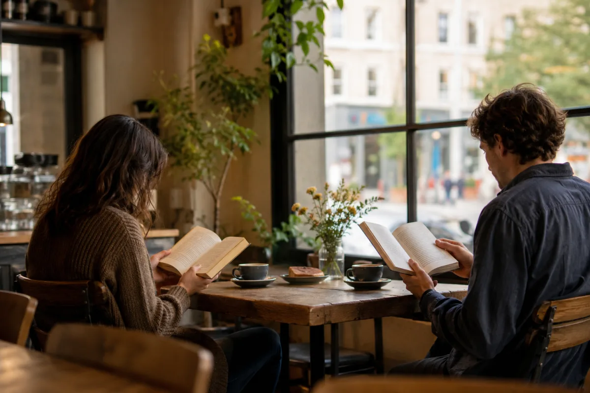 Friends reading side by side in a cafe