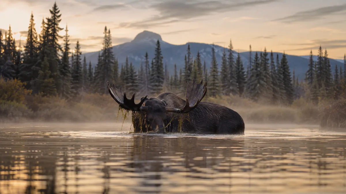 Bull moose wading in the Saco River at dawn in New Hampshire