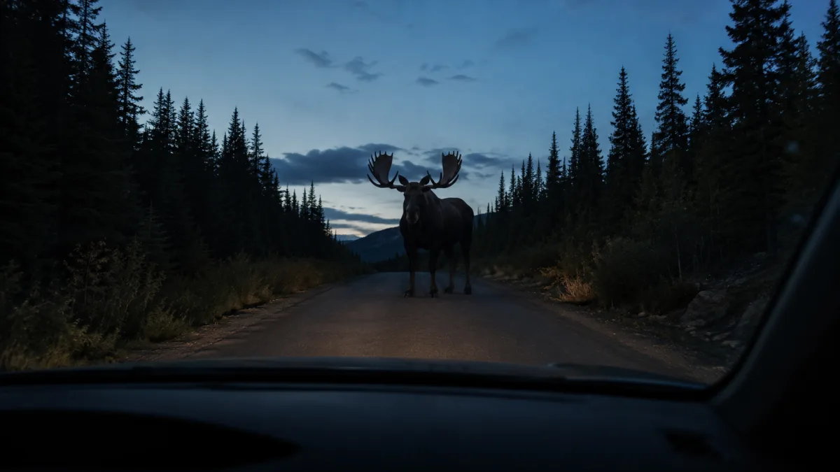 Moose on a New Hampshire mountain highway at dusk