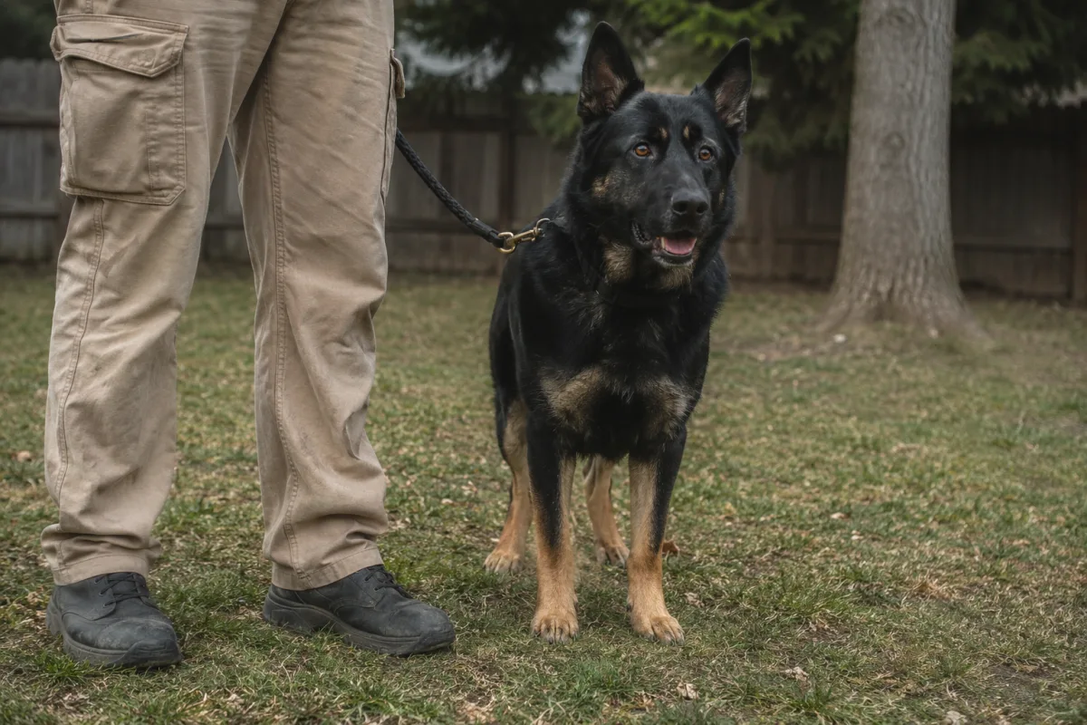 Large trained working dog standing calmly beside a handler in a yard