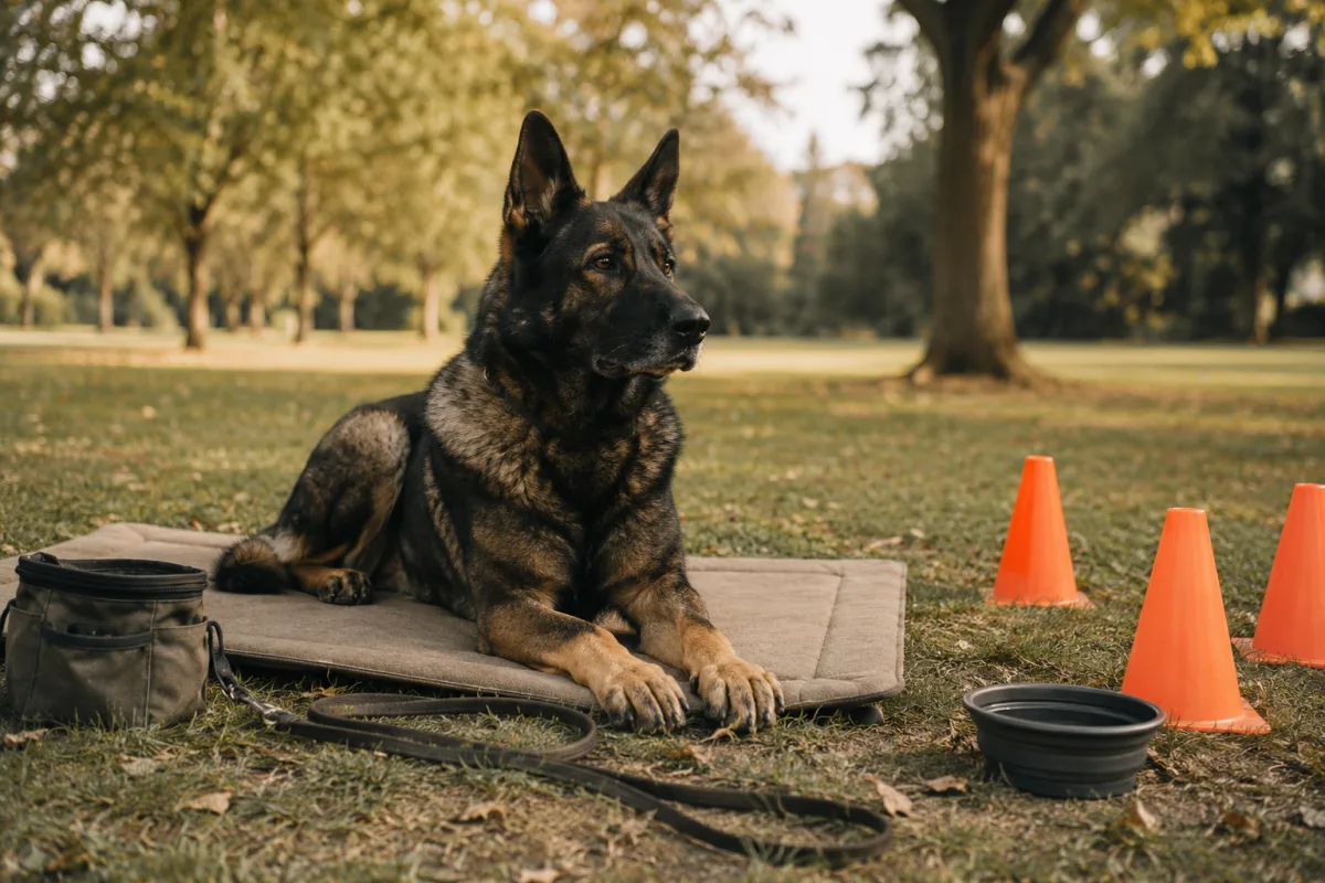 Dog training cones, leash, treat pouch, and calm guardian dog on a mat