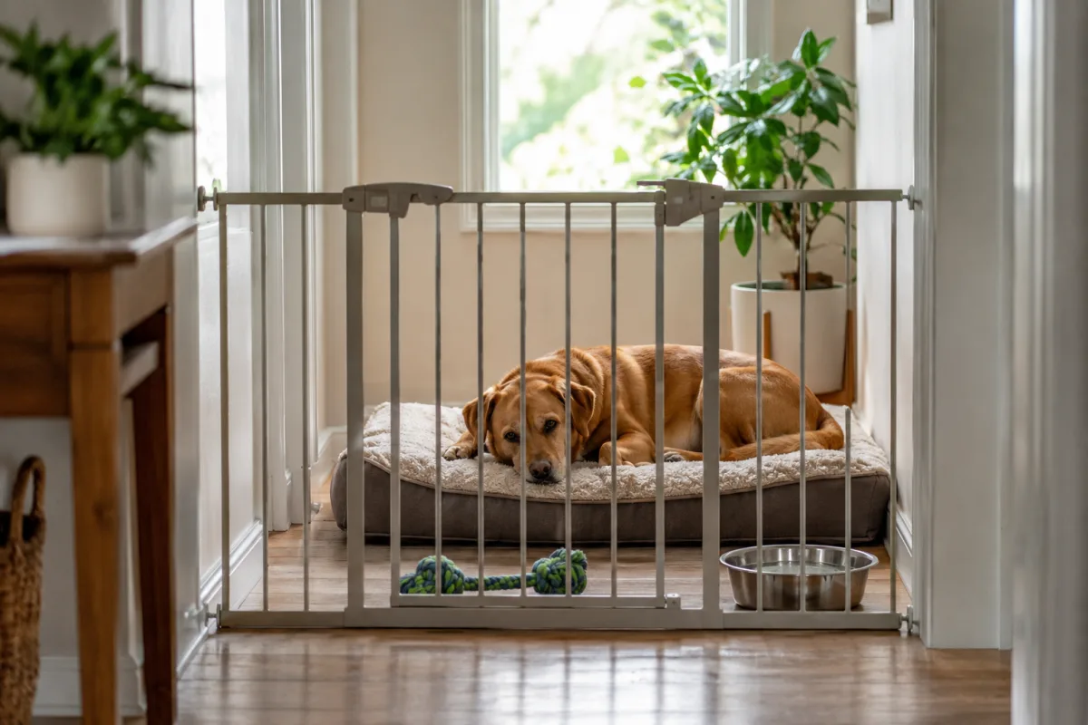 Family dog resting behind a baby gate with a calm safe space