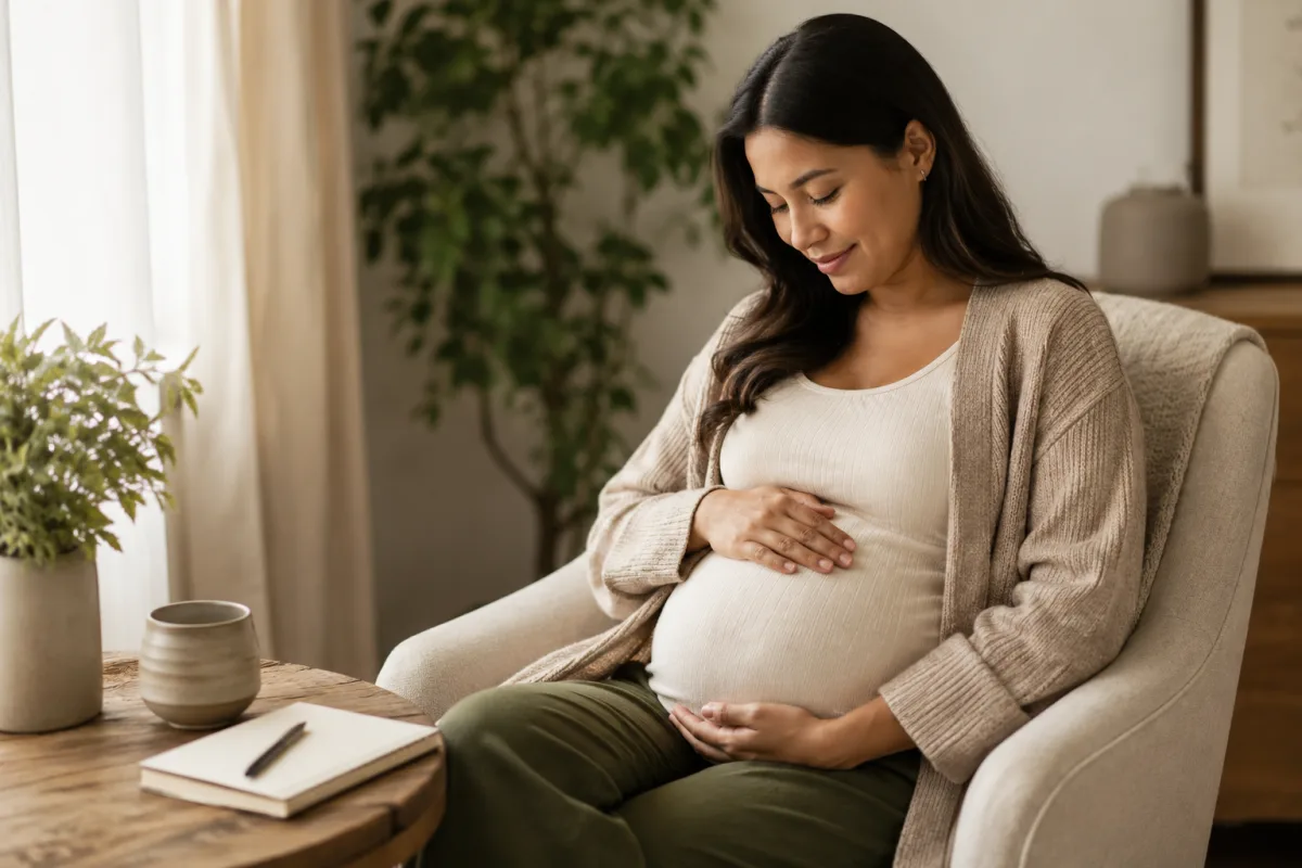 Pregnant person resting with hands on belly at 26 weeks