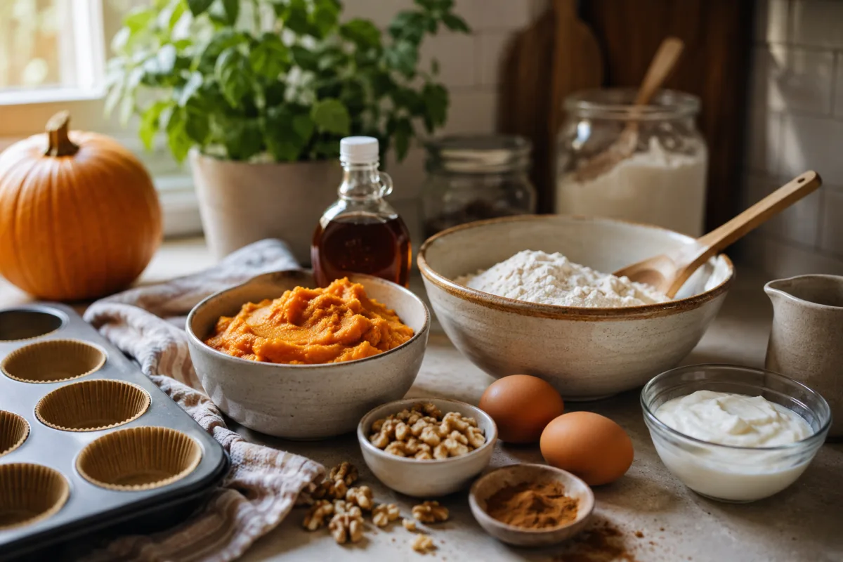 Healthy pumpkin muffin ingredients on a kitchen counter
