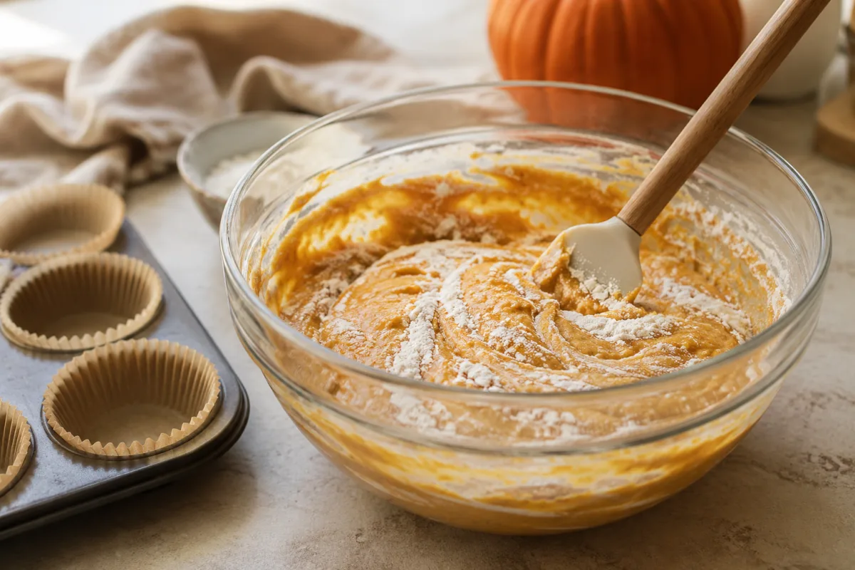 Pumpkin muffin batter being folded gently