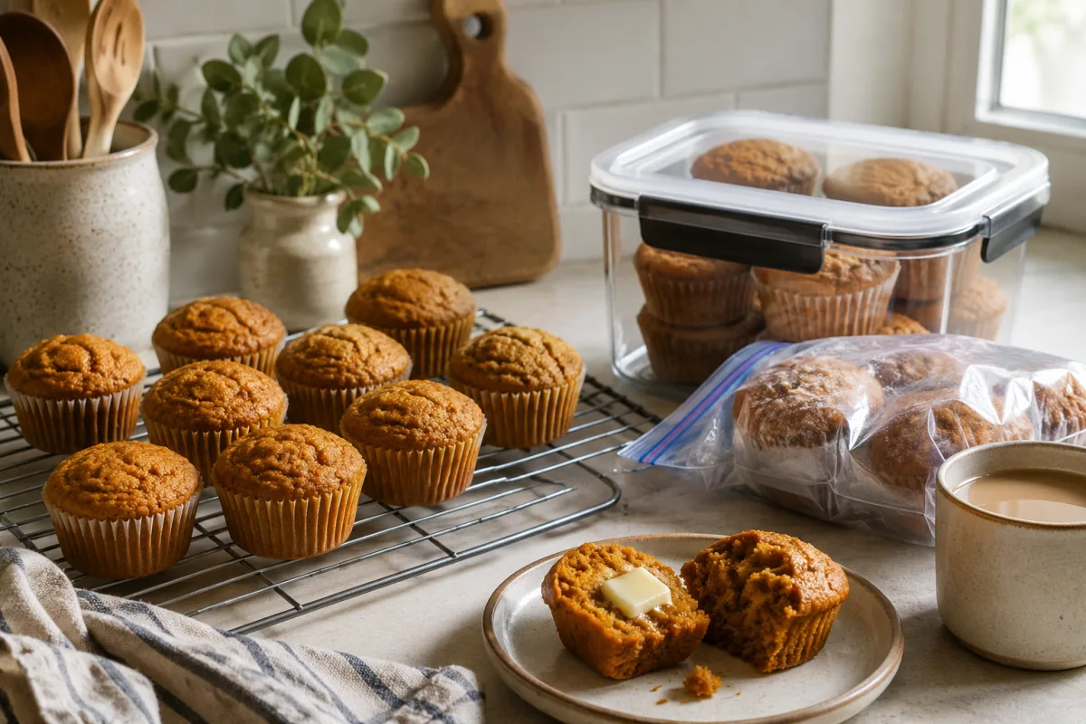 Pumpkin muffins cooling before storage