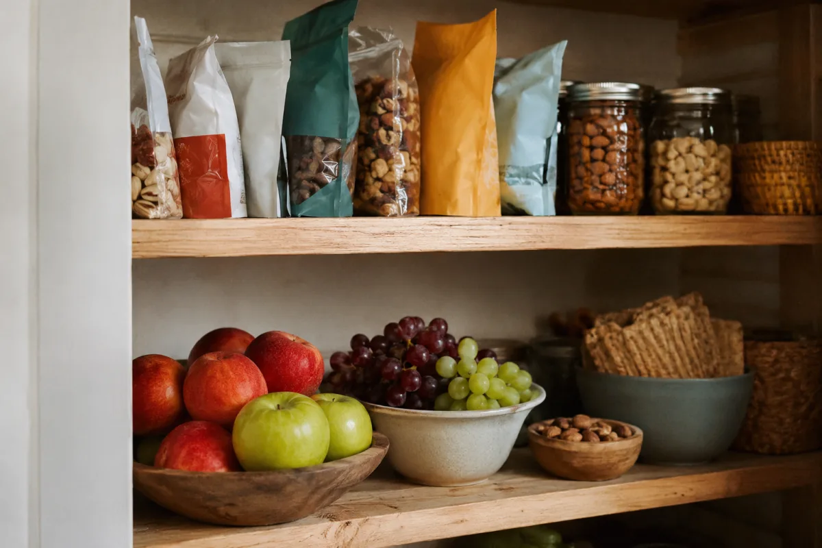 Teen snack shelf with ultra-processed and whole-food options