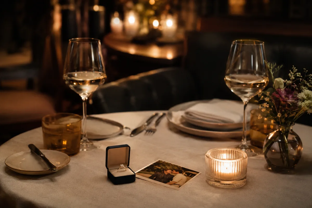 Anniversary table with new wedding ring and old photo