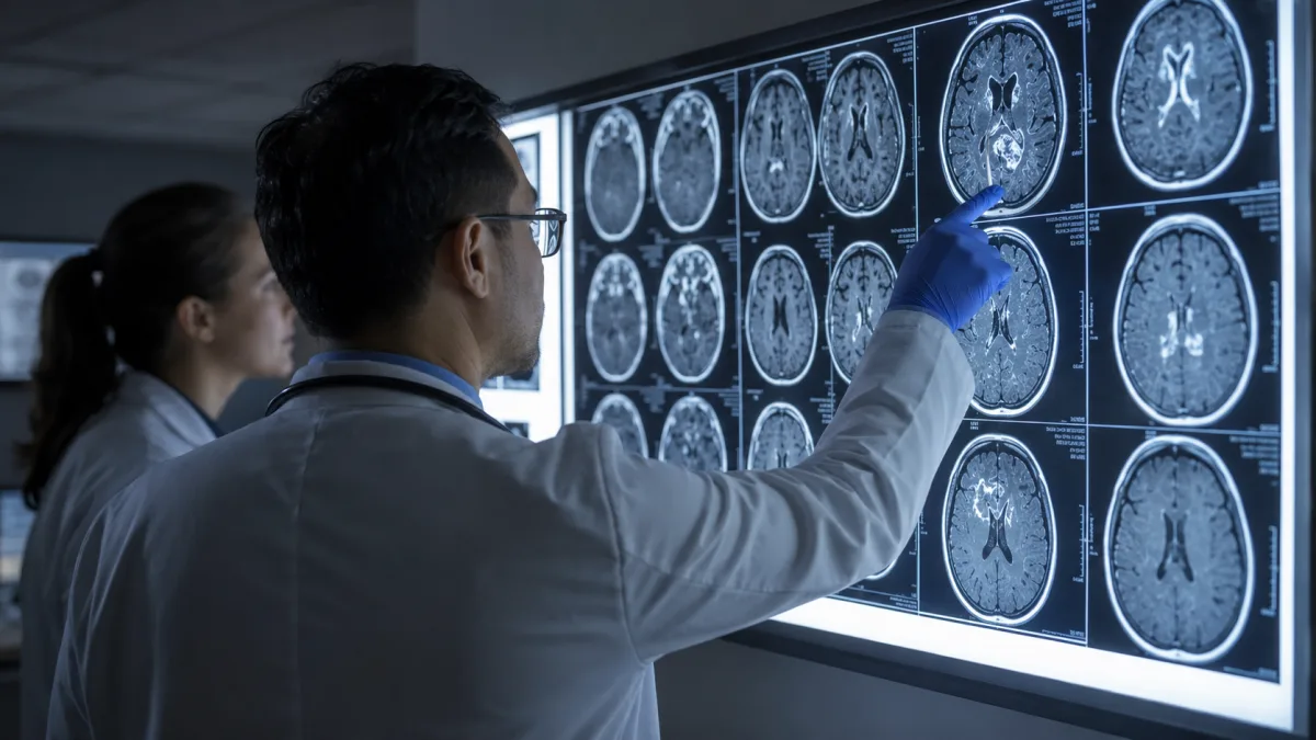 Neuro-oncology specialist reviewing brain MRI scans in a clinical setting