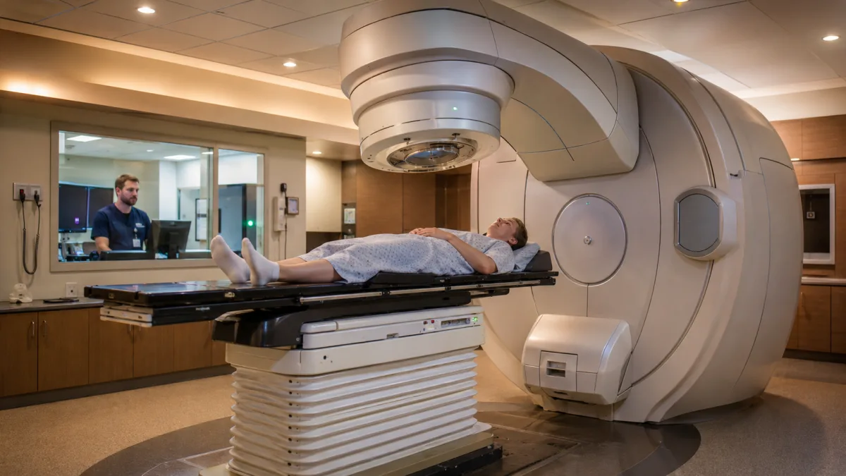 Cancer patient undergoing radiation therapy treatment for brain tumor