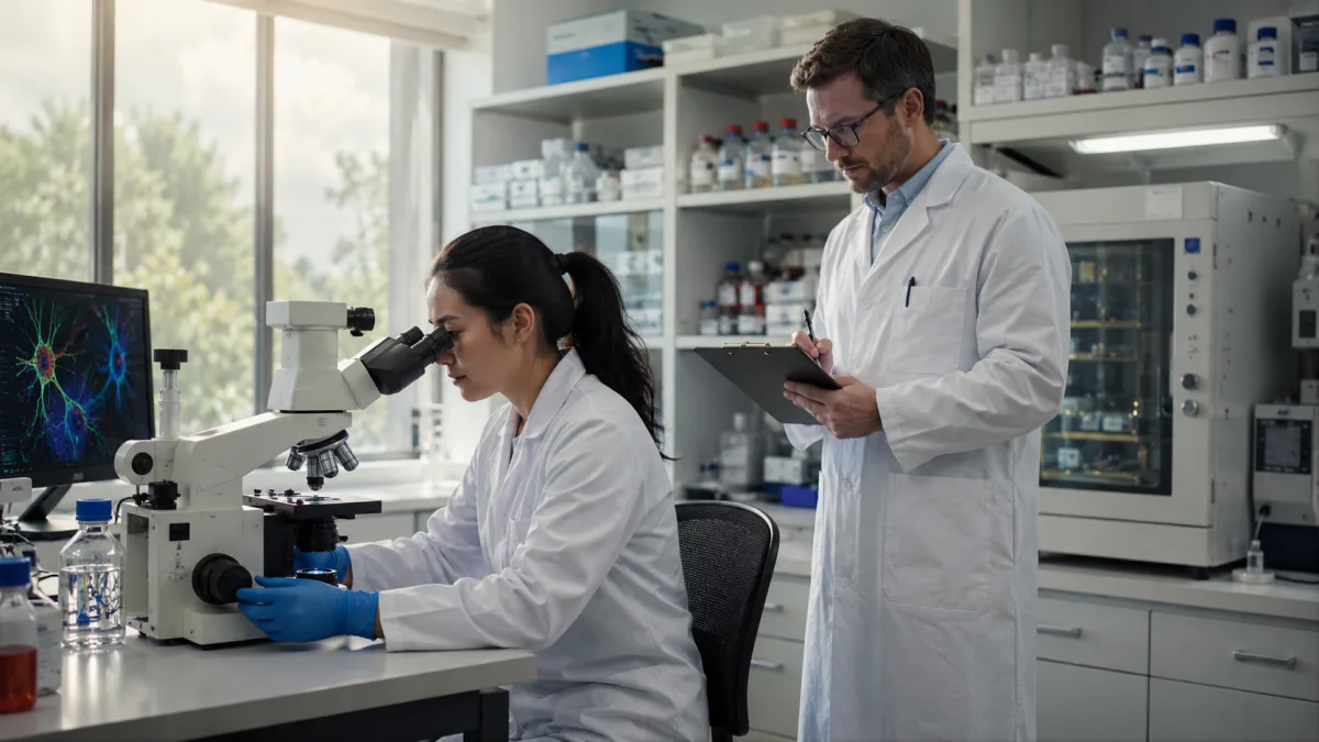 Biomedical researchers working in an oncology laboratory on brain tumor treatment