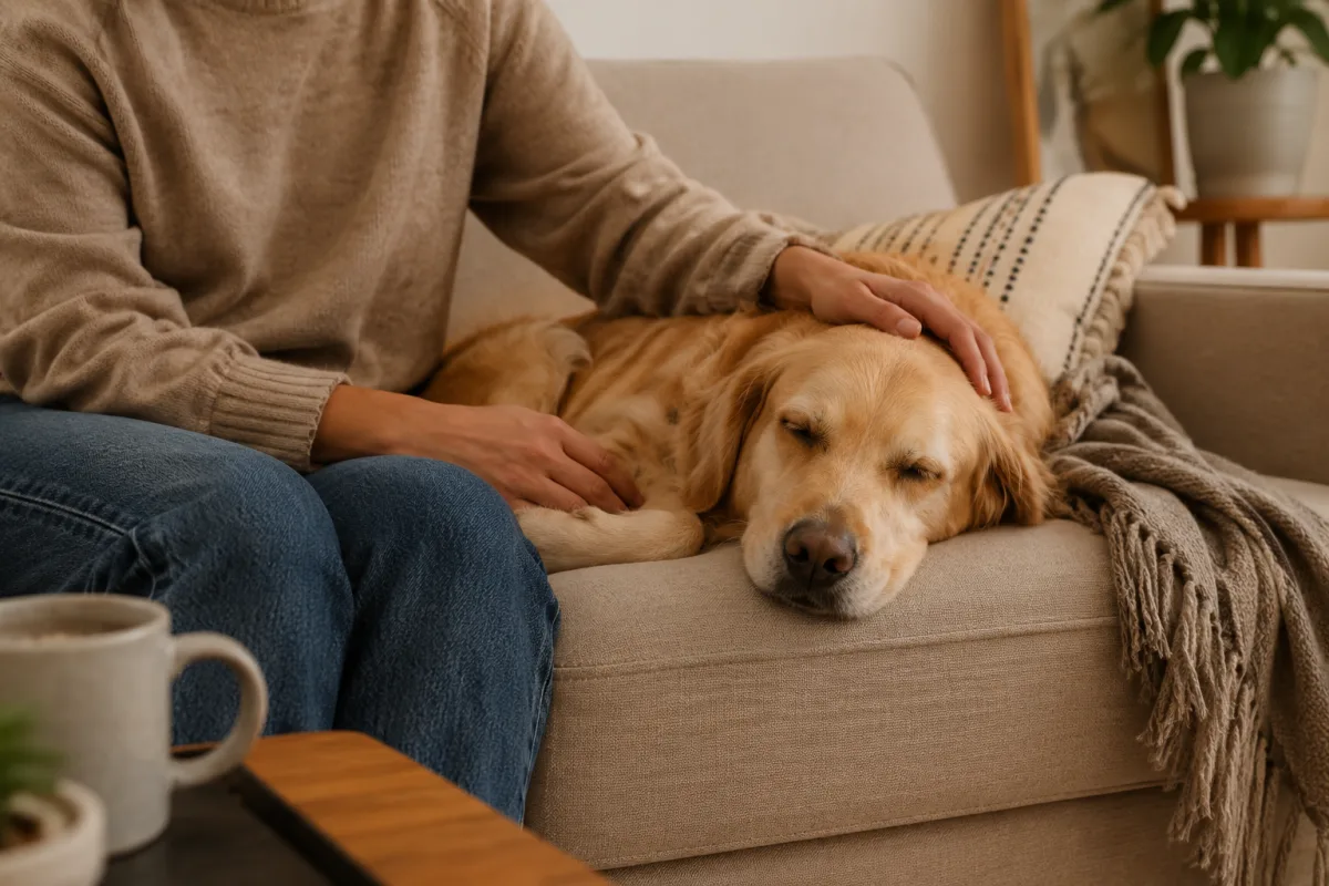 Person gently petting a calm dog