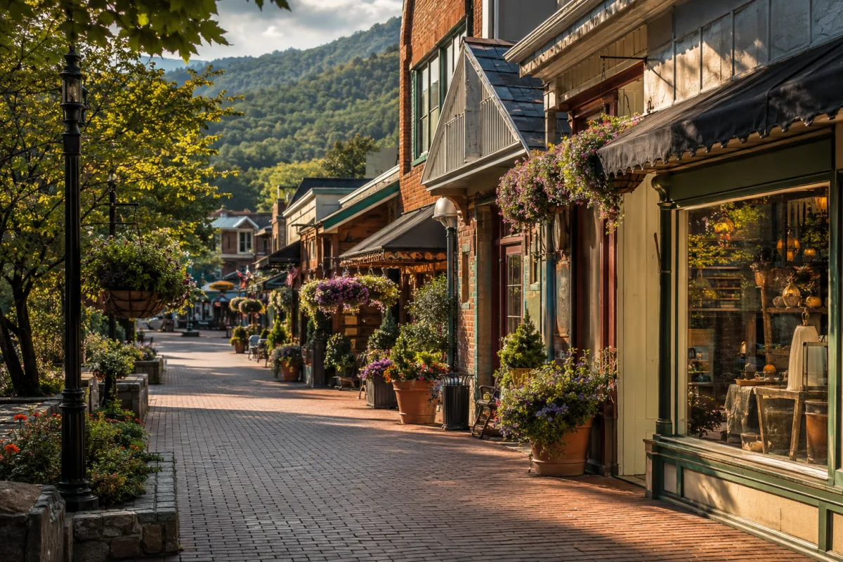 Brick walkway and boutique storefronts at a Gatlinburg village shopping area