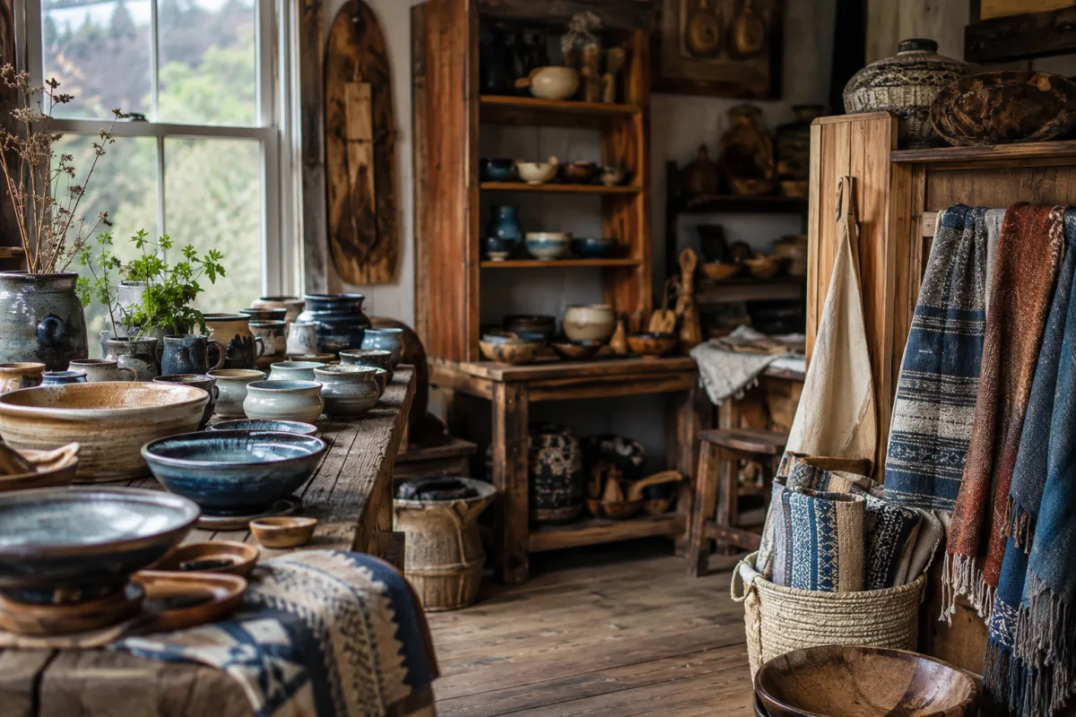 Handmade pottery and woodwork displayed in a Gatlinburg craft studio