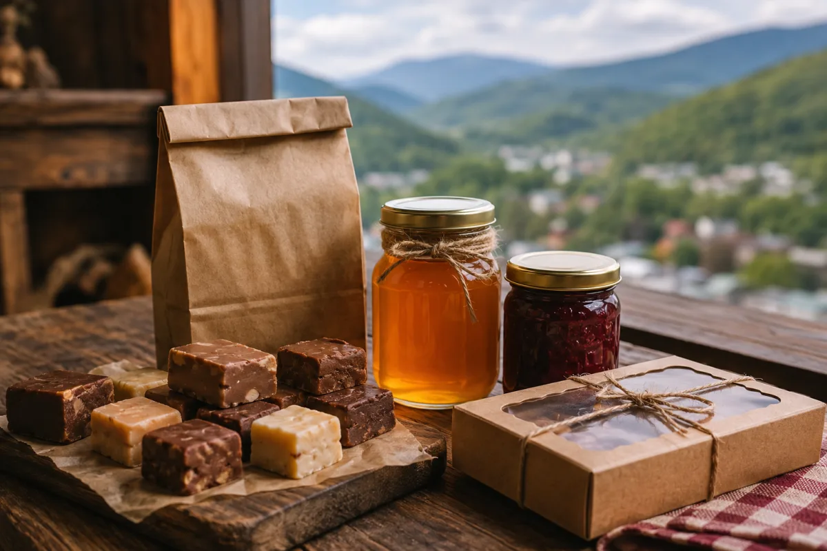 Gatlinburg food gifts with fudge, jam, honey, and coffee on a table