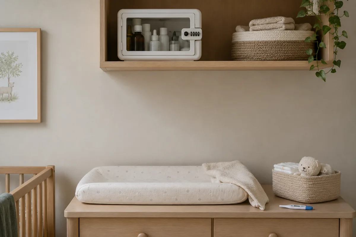 Medicine bottle away from newborn changing area