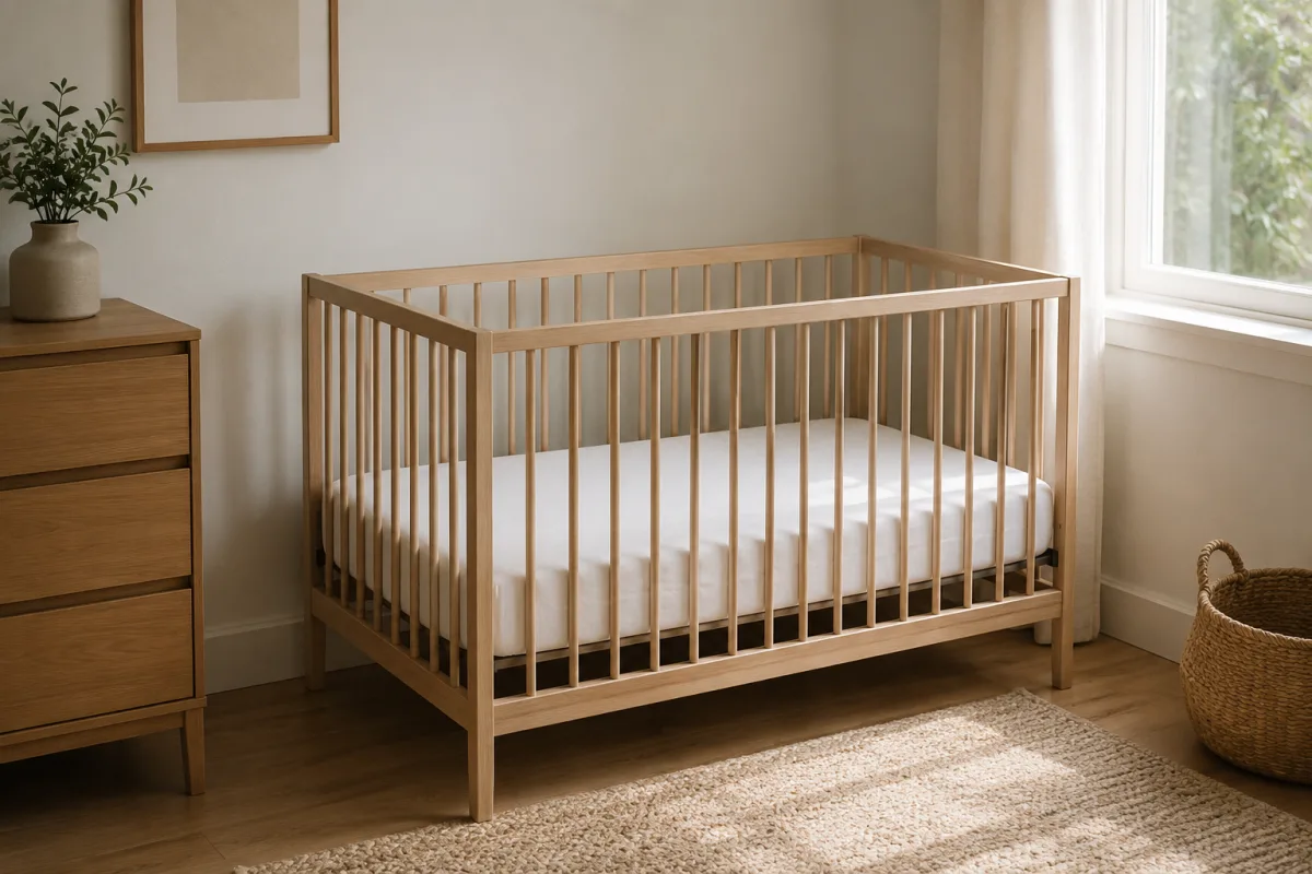 Plain newborn crib with firm mattress and fitted sheet