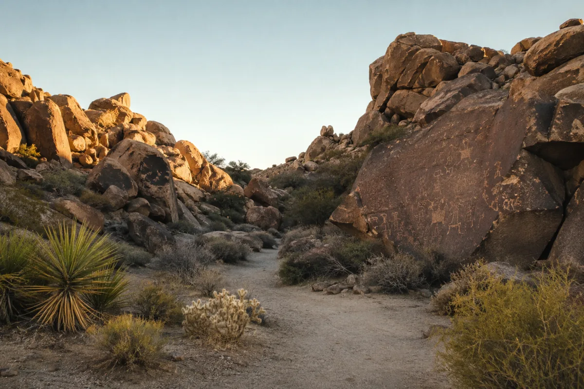 Desert canyon entrance with petroglyph rocks near Laughlin