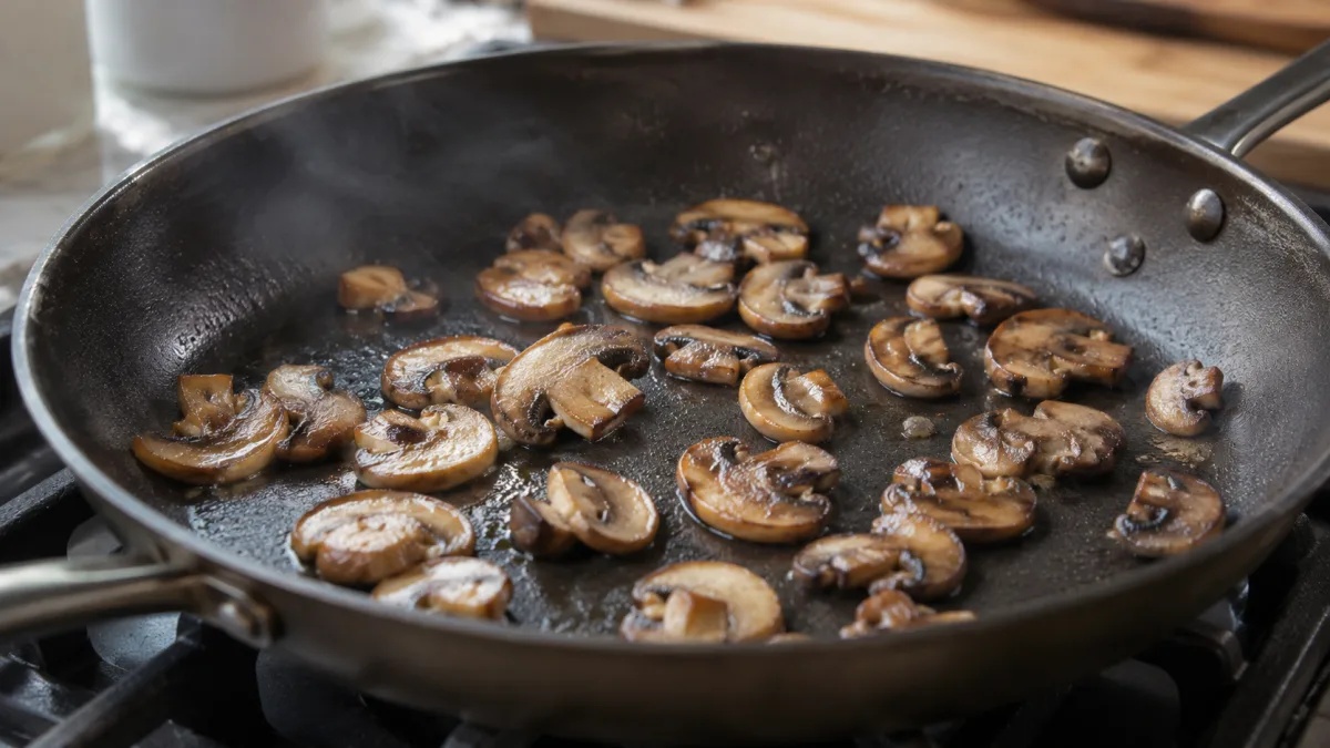 Mushrooms browning in a wide skillet