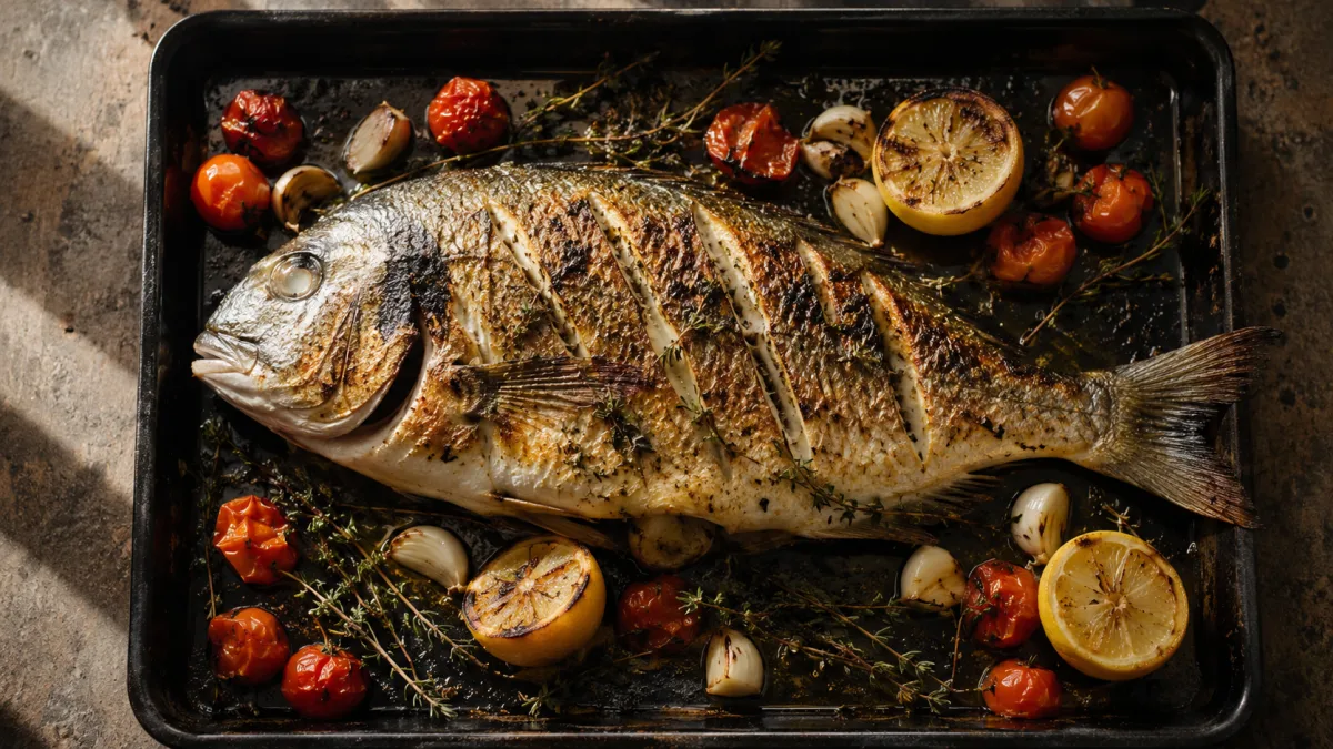 Whole roasted dorade on a baking tray with lemon and fresh herbs