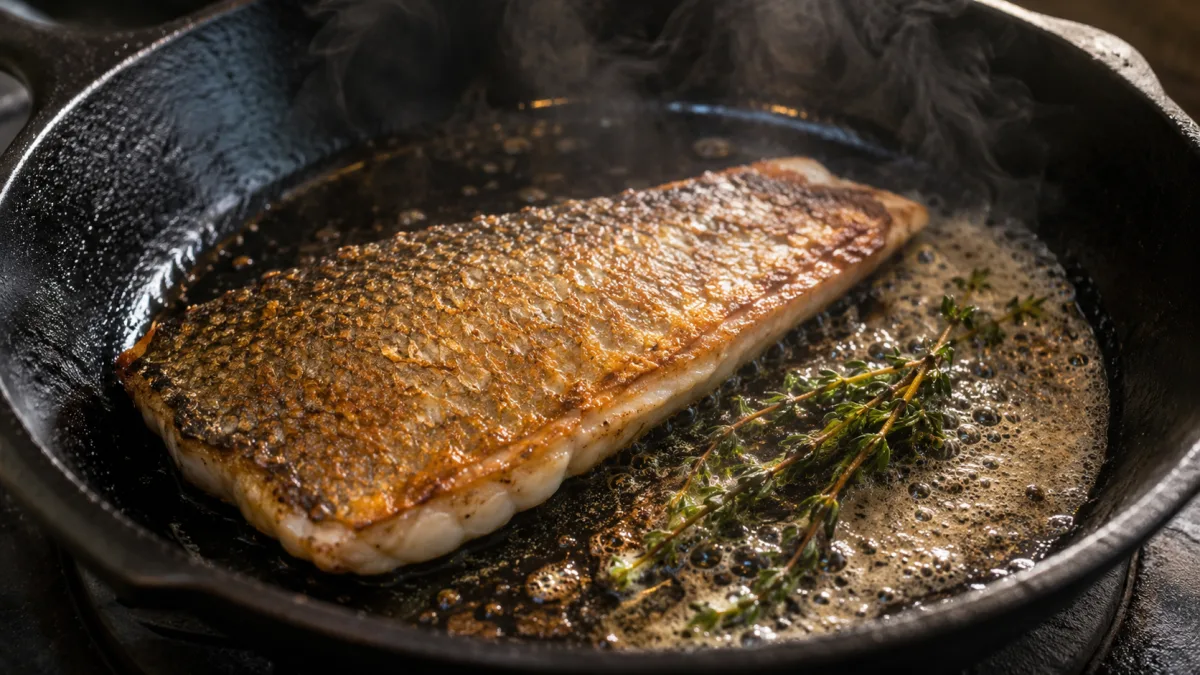 Pan-seared dorade fillet with crispy golden skin in a cast iron skillet with butter