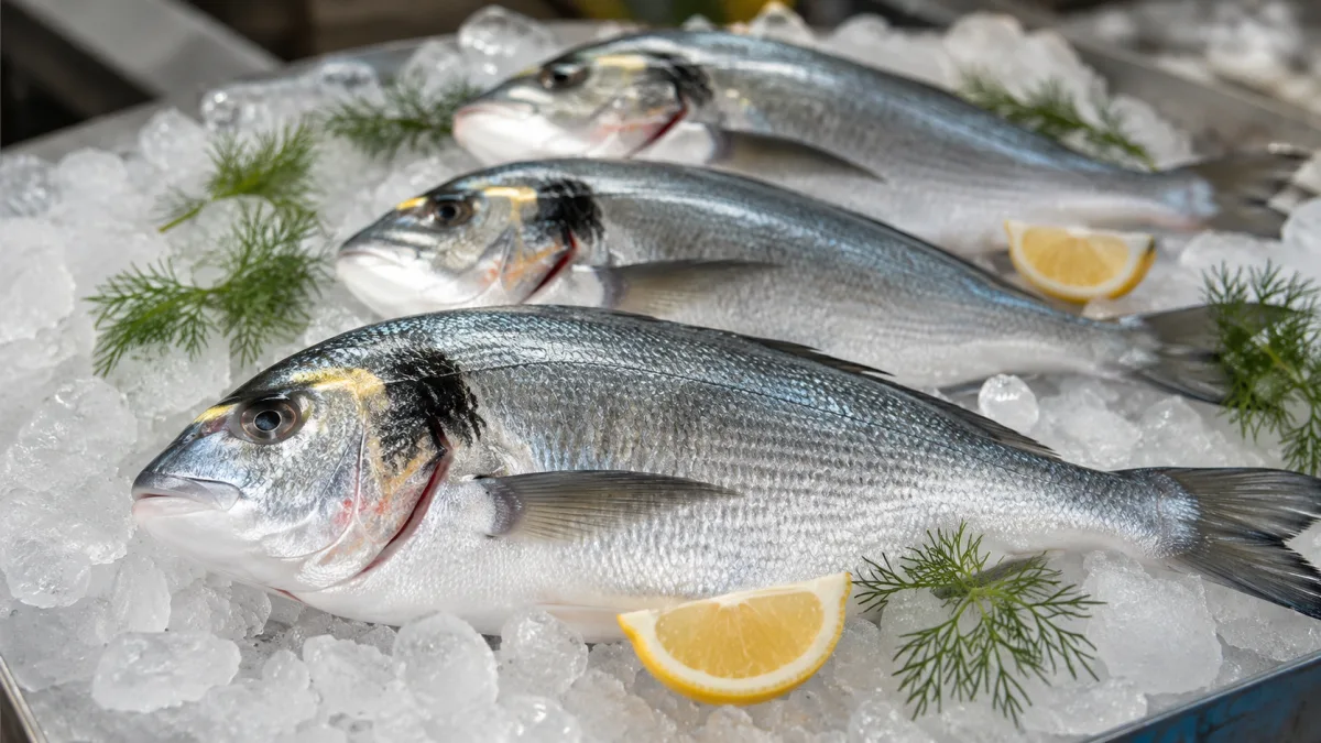 Fresh whole dorade displayed on crushed ice at a fish market counter