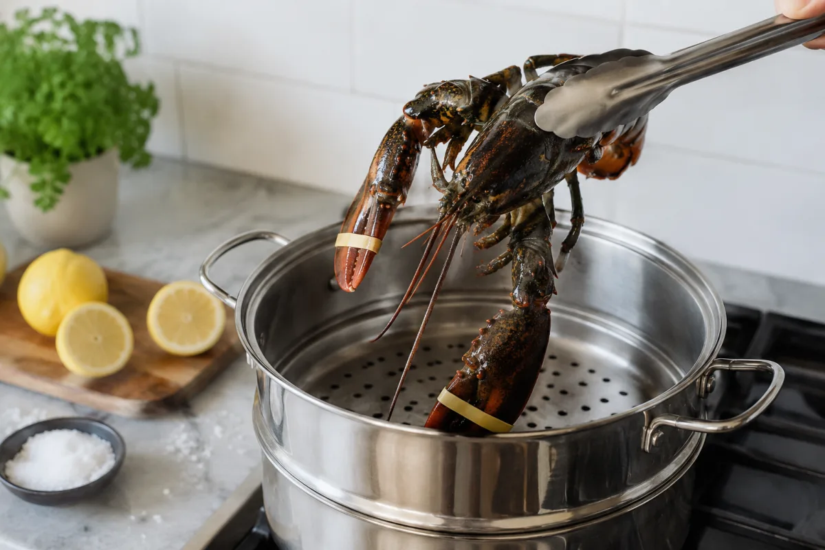 Live lobster pot prepared for steaming on a kitchen stove